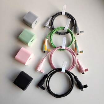 5件套数据线保护套及20W快充适配器保护壳套装，兼容、Type-C手机，防弯折线缆套管，线缆缠绕保护套