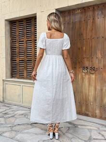Elegant Printed Long Dress, Spring Style, Lined With Elastic, Short Puff Sleeves, Spring/Summer Fashion - trắng - Xem 5