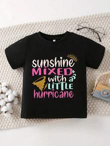 Camiseta de algodón para niñas |   Patrón mixto de sol y pequeño huracán |   Impresión de Letras Multicolor |   Cuello redondo, mangas cortas |   Top de Punto Elástico Transpirable |   Lavable aáquina |   Camiseta Casual Primavera/Verano, Ropa para Chicas Jóvenes - Negro - Ver 2