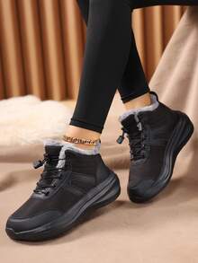 Damen Schneestiefel, Knöchelstiefel für den Winter, warm thermisch gefütterte High-Top Sportschuhe, Outdoor Skistiefel mit Schnürsenkel, Stiefel mit dicker Sohle für Reisen, weiter & bequemer Zehenbereich - Schwarz - Übersicht 4