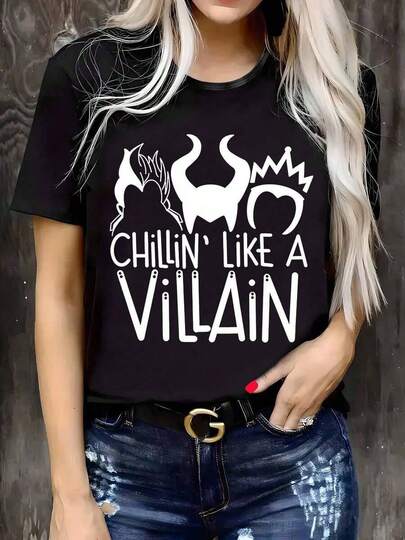 Camiseta de Manga Corta para Mujer Talla Grande con Estampado Gráfico "CHILLIN' LIKE A VILLAIN" - Diseño Moderno de Corona y Cuernos, Cuello Redondo Casual, Tejido Suave de Poliéster, Lavable a Máquina, Top Relajado para Primavera/Verano, Temática Villana, Tela Duradera