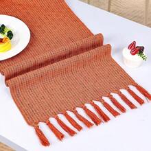 Camino de Mesa de Algodón y Lino de Color Sólido con Borlas Adecuado para Fiestas Bodas y Decoraciones de Mesa Naranja Caramelo 33x183cm - naranjacaramelo - Ver 2