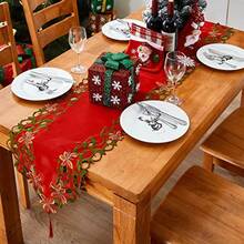 AMARED Christmas Embroidered Table Runner Cutwork Green Leaves Holiday Table Linens for Christmas Decorations 15x69 Inch - Rojo - Ver 5