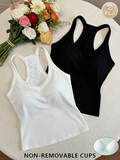 2 件套纯色简约 V 领吊带背心，带衬垫胸部，性感修身汗衫，健身
