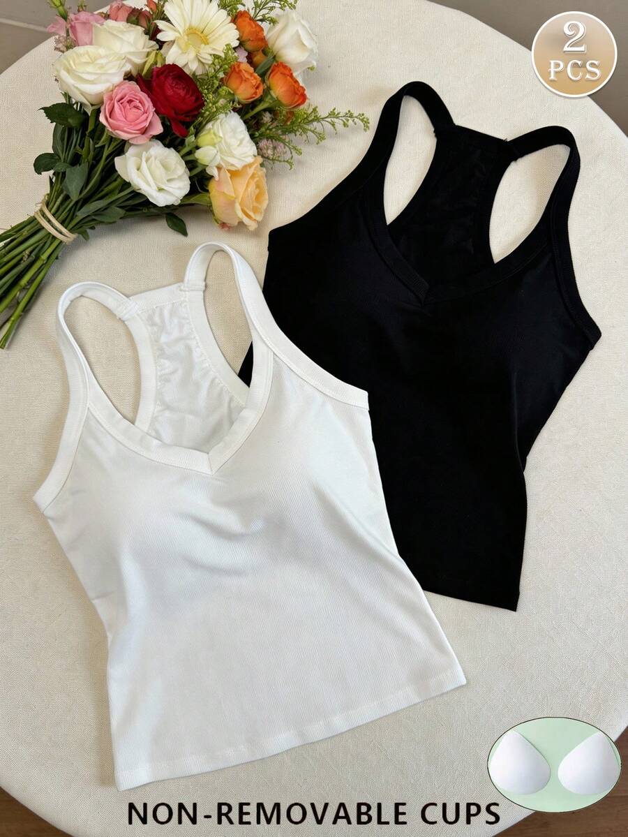 2 件套纯色简约 V 领吊带背心，带衬垫胸部，性感修身汗衫，健身 - 彩色 - 查看 1