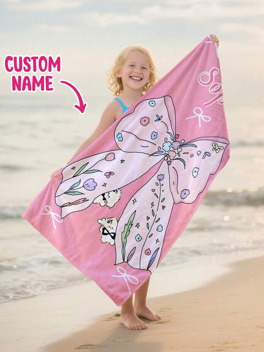 1pc Personalized Kids Beach Towel, Summer Birthday Gift, Filled With Summer Vibes, Suitable For Girls Beach Trip, Customized Beach Towel, Swimming Pool, Beach Decor - Multicolor - View 1