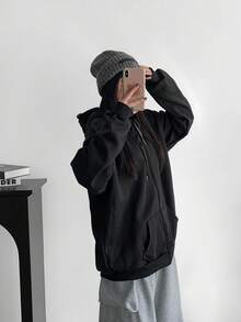 Women's Oversized Drop Shoulder Sweatshirt With Embroidered Bear Design And Warm Lining Casual - Jet Black - View 6