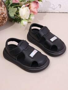 儿童黑色凉鞋，夏季男童软底防滑包头鞋，魔术贴透气休闲鞋，适合幼儿及大童 - 黑色 - 查看 2