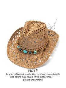 1pc Unisex Cowboy Hat With Gemstone Decor, Hollow Printed Straw Hat, Suitable For Spring/Summer Travel, Beach, Casual Sun Protection. (After Receiving The Product, If The Brim Is Deformed, It Needs To Be Manually Adjusted Back.) - White Beads - View 30