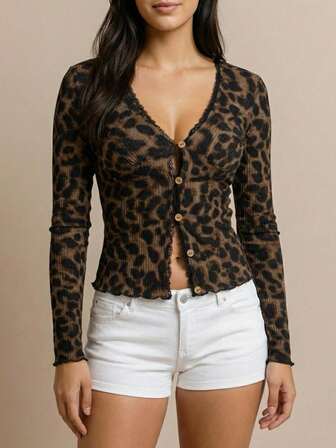 YEAE | Women's Fashion Long Sleeve Leopard Print Collar Blouse, Regular Fit, Polyester