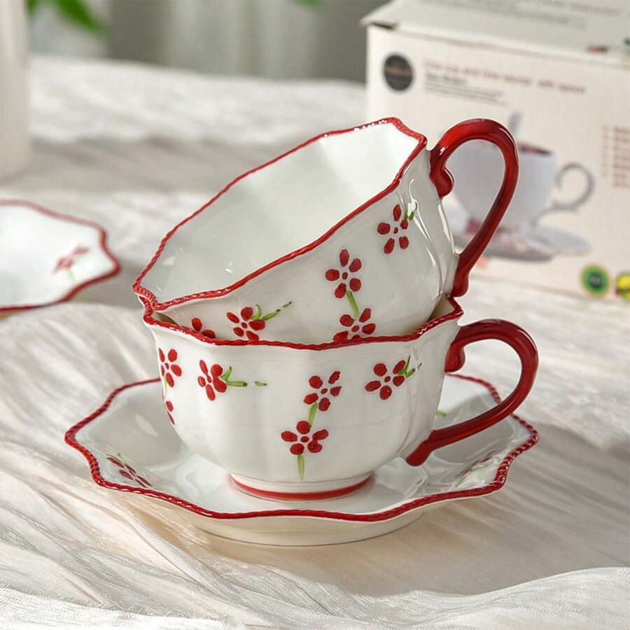1pc Hand-Painted Red Flower Ceramic Cup & Saucer Set, Red Rim Wavy Design, Suitable For Afternoon Tea, Home Breakfast, Creating An Elegant Dining Scene, Practical Teaware - Multicolor - View 1