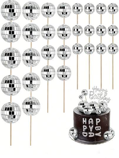3/5/12pcs Silver Mirror Disco Ball Cake Decor Set – Made With A Shimmering Mirror Finish, Available In Multiple Sizes (For Creating Layered Decorative Effects). Perfect For 70s Retro-Themed Birthday Parties, Disco Dessert Tables, Adult Celebration Cake Decorations, Vintage Party Photo Backdrops