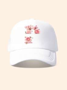 1pc White & Pink Rose Embellished Letter Design Trucker Hat, Customizable 26 Letter Text, Name, Birthday, Fashion Breathable Hollow Sunshade Baseball Cap, Suitable Gift For Friends & Kids, Spring/Summer - White - View 14