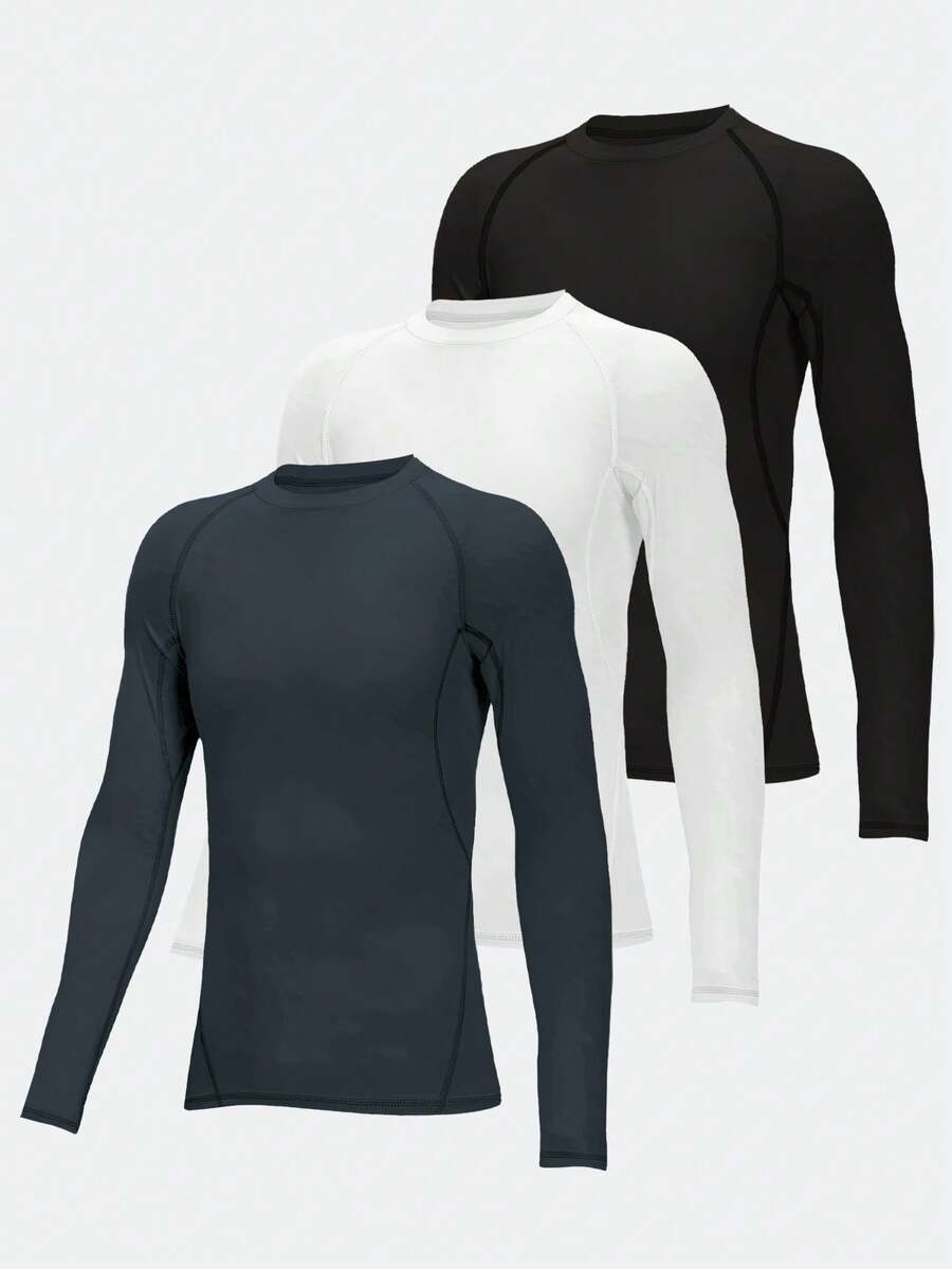 HOPLYNN 3pcs/Set Boys Long Sleeve Compression Shirts, Kids Sports Base Layer Moisture-Wicking Underwear Suitable For Football, Basketball And Other Sports - Multicolor - View 1