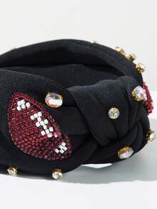 1pc Solid Color Fabric Wide Brim Knotted Rugby Headband, Handcrafted With Luxurious Rugby Ball Beaded Jewel Decor, Suitable As Sports Game Gift For Friends Head Accessories