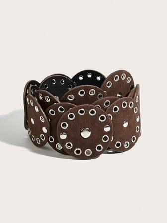 1 pieza Cinturón de mujer de color café con estilo bohemio retro, cinturón de cintura de ante con parches redondos y decoración de remaches plateados de estilo punk Y2K, adecuado para pantalones, vestidos, uso casual, fiestas, festivales, citas, compras, ocio, festivales de música, vacaciones