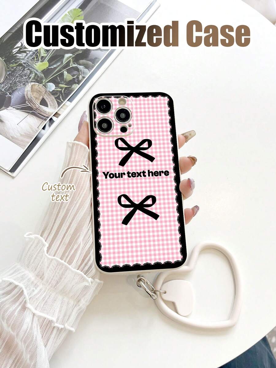 1pc Customizable White TPU Phone Case With Bow & Plaid Pattern, 1pc White Heart-Shaped Lanyard Strap, Customized Text Phone Case, Anniversary, Valentine's Day, Birthday, Wedding, Mother's Day, Father's Day, Best Friend Gift Compatible With IPhone/Android - Multicolor - View 1