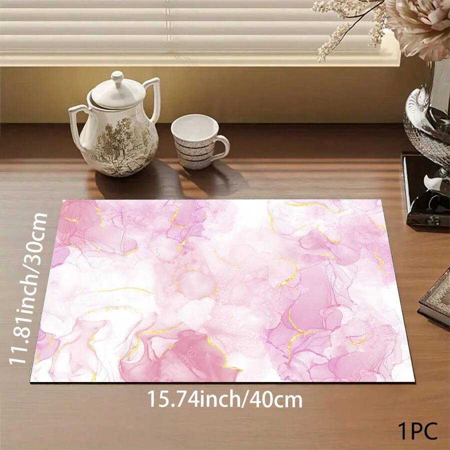 1pc Pink Marble Pattern Printed Absorbent Mat/Drying Mat For Coffee Maker, Dishes - Absorbent Polyester Desktop Protective Mat With Rubber Anti-Slip Pad, For Kitchen Counter Decor, Home Bar And Dining Table - Multicolor - View 1