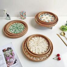 8.66-Inch Diameter X 1.18-Inch Height Handmade Rattan Woven Round Desktop Storage Tray - Multicolor - View 2