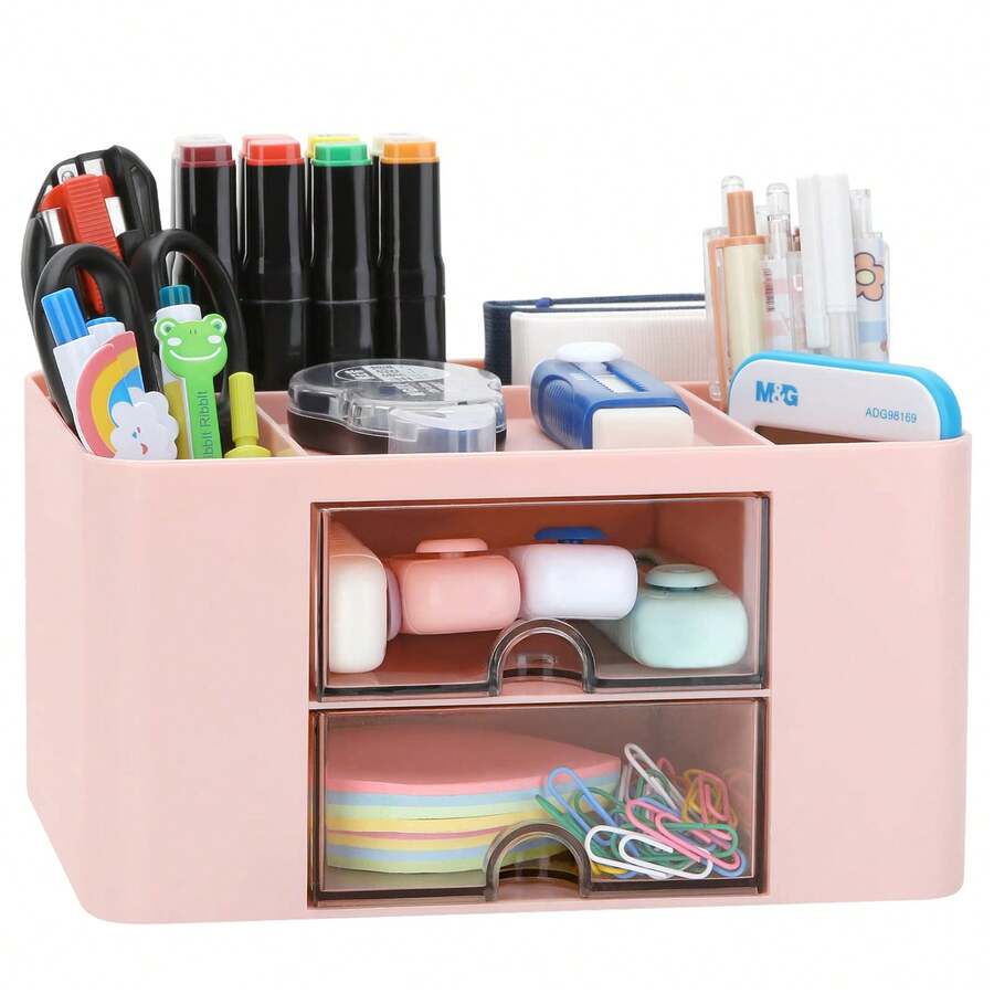 White Desk Organizer 7 Grids With Drawer Multifunctional Table Organizer Pen Holder Stationery Storage Box For School Office Home Use Desktop Organization System Simple Creative Design Practical Christmas Gift For Students Friends Coworkers - Pink - View 1