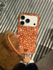 Caso de telefone com estampa de coração e cervo com bolinhas marrom e branco, compatível com iPhone 17, 16 Pro Max, Novo 15, com cordão, estilo coreano minimalista, compatível com iPhone 14, 15 Pro Max, nicho para mulheres, 16 - Castanho - Visão 1