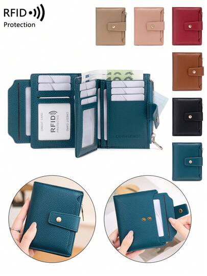  CHARM INFINITE 女士小钱包，RFID 防盗刷，柔软 PU 皮革双折卡包，带拉链零钱包和 4 个身份证件窗口，多功能简约三折短款钱包，迷你钱包，可爱小物