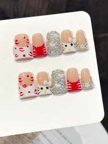 10 Móng Tay Giả Kiểu Vịt Trung Bình/Vòm Cánh, Làm Thủ Công, Thích Hợp Cho Tiệc Tù Và Sử Dụng Hàng Ngày, Màu Đỏ Trắng, Nơ Dễ Thương, Móng Sáng Bóng Và Lộng Lẫy, Dễ Đeo. 10 Móng Tay Giả Kiểu Y2K Làm Thủ Công, Kiểu Sáng Bóng Và Lộng Lẫy, Thích Hợp Cho Bé Gái Và Phụ Nữ Cho Lễ Hội, Tiệc Tù Và Sử Dụng Hàng Ngày. - Đỏ và trắng - Xem 11