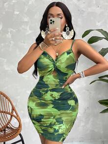 扭结扎染印花裹身荷叶边修身连衣裙（随机图案） - 軍綠色 - 查看 3