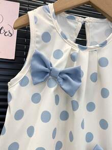 2 pezzi/set Outfit casual per ragazze, top e pantaloni set di moda per giovani ragazze con decorazione a pois e fiocco, estivo - Blu - Visualizzare 5