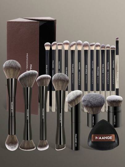 MAANGE 20 piezas Pinceles de maquillaje profesionales de tubo de aluminio y 1 pieza de accesorio con caja de almacenamiento de cartón, pinceles retráctiles de base, polvos, rubor, iluminador, contorno, sombra de ojos, difuminador, corrector y mezcla, herramientas de maquillaje con fibra suave y amigable con la piel para un fácil transporte, pinceles para viajes, regalos para mujeres y niñas