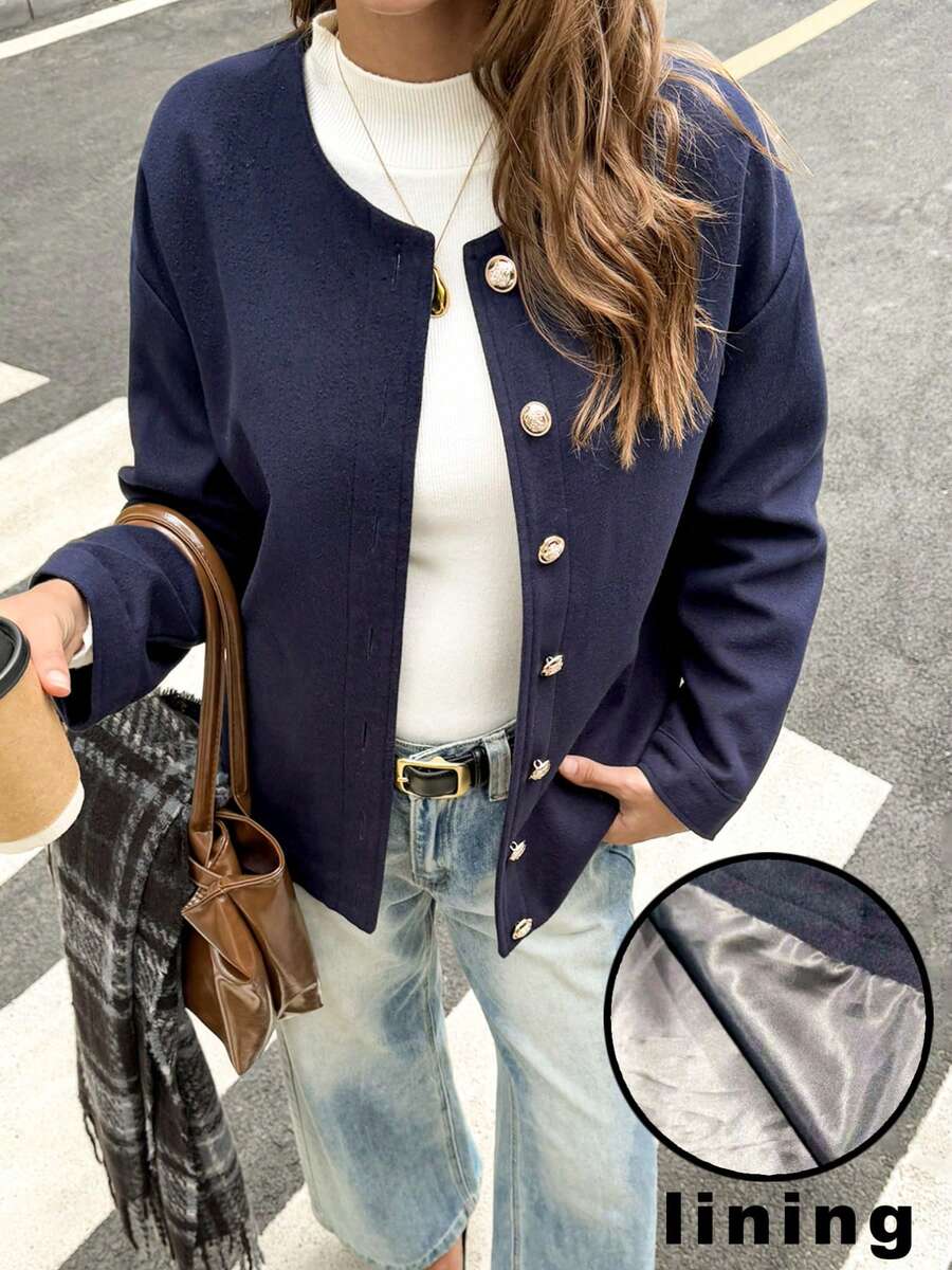 جاكيت كاجوال يومية بياقة مستديرة، أزرق داكن - أزرق بحري - مشاهدة 1