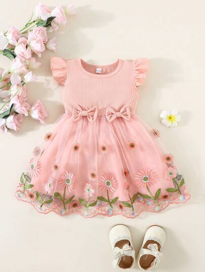 Vestido de verano para niña con mangas de malla, decoración de lazo y bordado floral