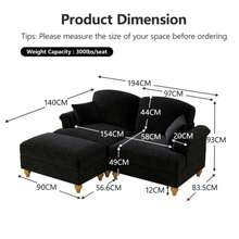 Modular Mid-Century L-Shaped 2-Sitzer Sofa Aus Chenille Mit Trichter-Armlehnen, Abnehmbarer Rüschenschürze, Spindelförmigen Beinen & Beweglichem Hocker – Tiefer Sitzkomfort Fürs Wohnzimmer,Schwarz - Black - View 4
