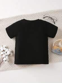Camiseta de algodón para niñas |   Patrón mixto de sol y pequeño huracán |   Impresión de Letras Multicolor |   Cuello redondo, mangas cortas |   Top de Punto Elástico Transpirable |   Lavable aáquina |   Camiseta Casual Primavera/Verano, Ropa para Chicas Jóvenes - Negro - Ver 3