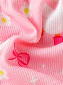 1pc Infant/Toddler Girls' Cute Print Short Sleeve Romper, Lightweight, Spring/Autumn, Nature Style - Pink - View 6