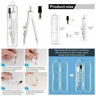 Juego de compás de metal para dibujo geométrico con recambios de lápiz, compás de dibujo matemático para estudiantes, útiles escolares y herramientas de carpintería