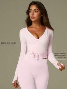 UONNOU 一件女士运动服,芭蕾舞时尚长袖T恤连体衣,运动服、瑜伽服、芭蕾舞服、舞蹈服,腰部系带交叉开襟设计,带拇指孔的运动长袖,常规长度,无缝针织柔软面料,适合运动、户外、日常、休闲、瑜伽、普拉提、轻度锻炼、通勤、街头风、派对、度假、约会和其他时尚场合,运动服+时尚连体衣,春/夏/秋季 - 粉色 - 查看 3