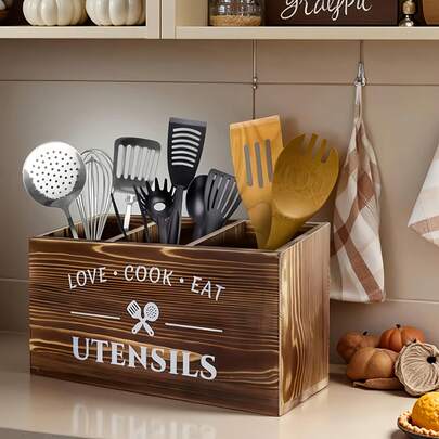 1pc Large Rustic Wooden Kitchen Utensil Storage Rack, 1pc 3-Compartment Storage Box, Suitable For Countertop Or Wall Mount, Wooden, Kitchen Accessories For Cooking, Dining And Baking Tools