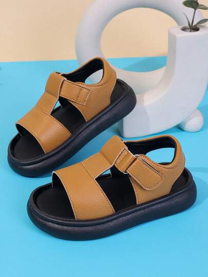 1 Pair Kids Caramel Brown Thick Sole Sandals, Soft Adjustable Strap, Breathable For Big Children In Summer, Won't Rub Feet