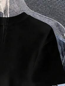 Camiseta de manga corta con cuello redondo y estampado de letras, de uso casual y versátil para uso diario, para niñas preadolescentes - Negro - Ver 6