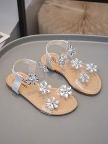 1 Pair Fashionable Shiny & Beautiful Flower Decorated Flat Sandals, Fairy Style, Perfect For Summer Wear - Silver - View 7
