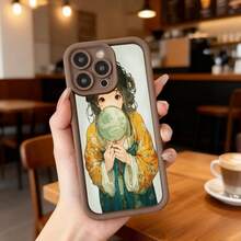Cubierta de telefono con borde negro y diseño de anime chino en tonos dorados y verdes con mujer sosteniendo espejo redondo ideal para uso diario en cafeterias y espacios urbanos,Aplicable a los teléfonos de la serie Apple y Galaxy - Café integral - Ver 7