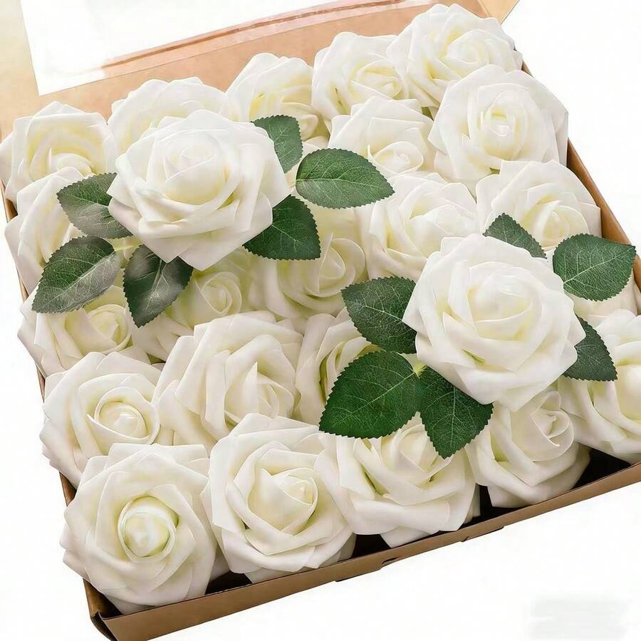 9/25/30pcs Simulated Roses With Stems, Suitable For DIY Wedding Bouquets, Table Decorations, Parties, Baby Parties, Home Decor, OPP Bag Packaging (Excluding Boxes), Each Containing Three Leaves And One Pole, DIY Handmade, Suitable For Occasions Such As Valentine's Day, Gifts, Birthdays, Graduation Ceremonies, Etc - Beige - View 1