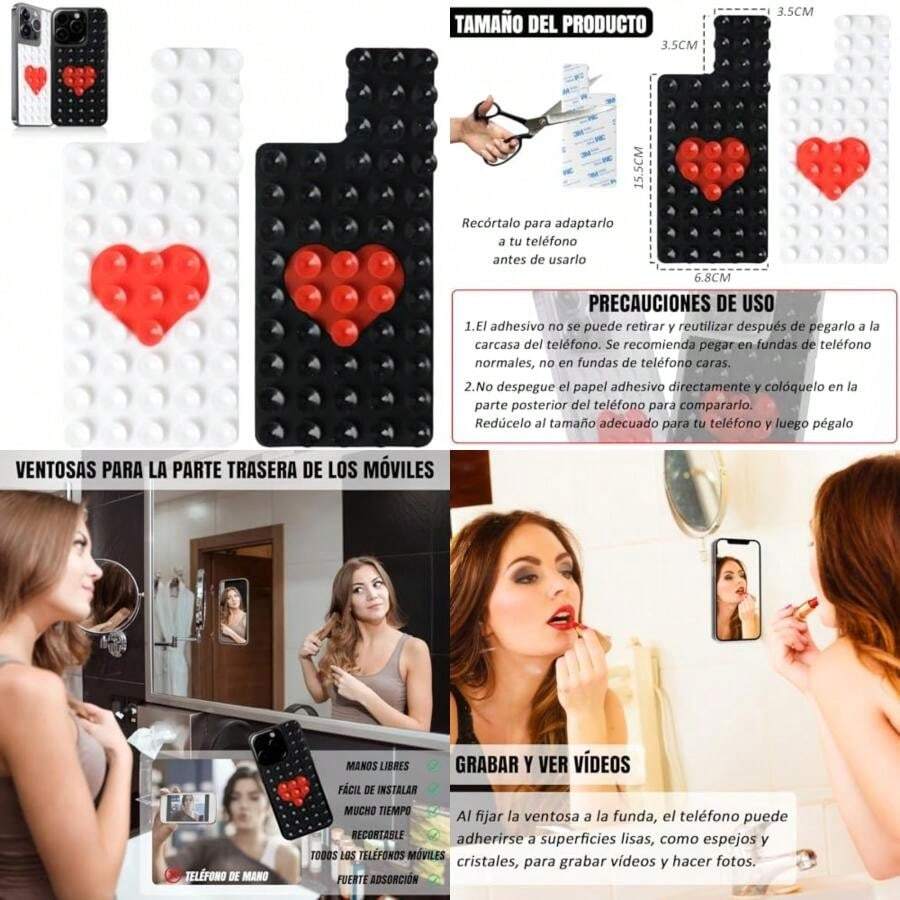 2PCS Soporte Desmontable de Silicona con Doble Cara para Celular, Ventosas para Celular, Soporte Teléfono con Ventosa, Sujeción para Selfies y Videos - Compatible con y Android(Rosa)(Blanco y Negro) - Multicolor - Ver 1