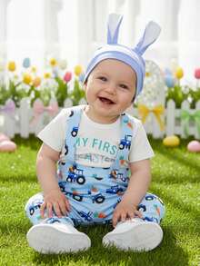 Conjunto de 3 piezas para bebé recién nacido de Pascua, primavera y verano, mono con estampado de letras de conejo, cuello redondo y manga corta, y gorro, ideal para festivales de ocio de 0 a 12 meses. - Blanco - Ver 3
