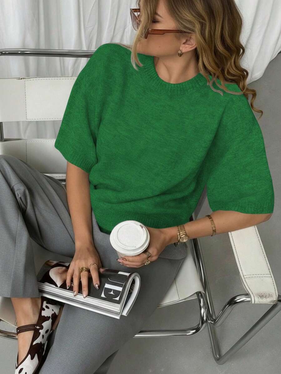 Women's Elegant Casual Solid Color Knit Ribbed Crew Neck Short Sleeve Sweater Top, Suitable For Spring/Summer, Daily/Commute Wear - Green - View 1