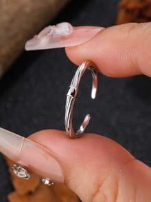 1枚925纯银镀铂金简约光滑圆柱珠开口戒指，编织纹理设计，日常佩戴基本款银饰，送给女朋友的礼物 - 銀色 - 查看 2