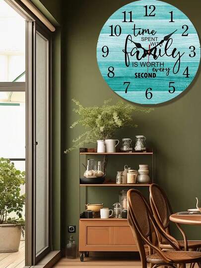 1pc 10"/12" Wooden Wall Clock With "Spend Time With Family" Slogan Design, Silent Movement, Suitable For Living Room, Bedroom, Room Decor, Home Decor, Kitchen, Office, Mother's Day, Back To School, Spring Decoration