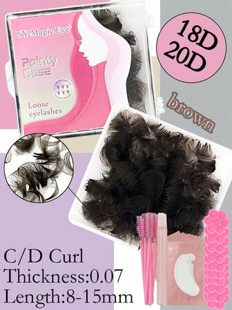 1000 piezas/Caja de pestañas postizas en abanico de color marrón premontadas, 18D/20D, 0,07 mm de grosor, 8-15 mm de longitud, rizo C/D, extensiones de pestañas, incluye 10 piezas de cepillos para pestañas, 10 piezas de almohadillas para ojos, 10 piezas de varillas de ajuste, 10 piezas de tazas de pegamento, pestañas injertadas de aspecto natural para principiantes