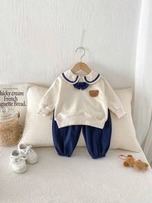 Set de 2 sudaderas de manga larga con estilo deportivo informal y estilo universitario con oso y lazo en contraste de color para niños/niñas pequeños, para primavera/otoño - Multicolor - Ver 4